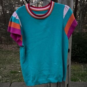 Women's Teal Short-Sleeve Knit Sweater with Colorblock Sleeves